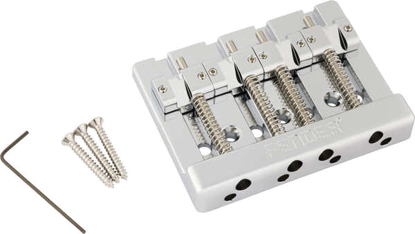 Fender HiMass 4-Saiten-Bassbrücken-Baugruppe mit Saitendurchführung und Messingreitern Chrom