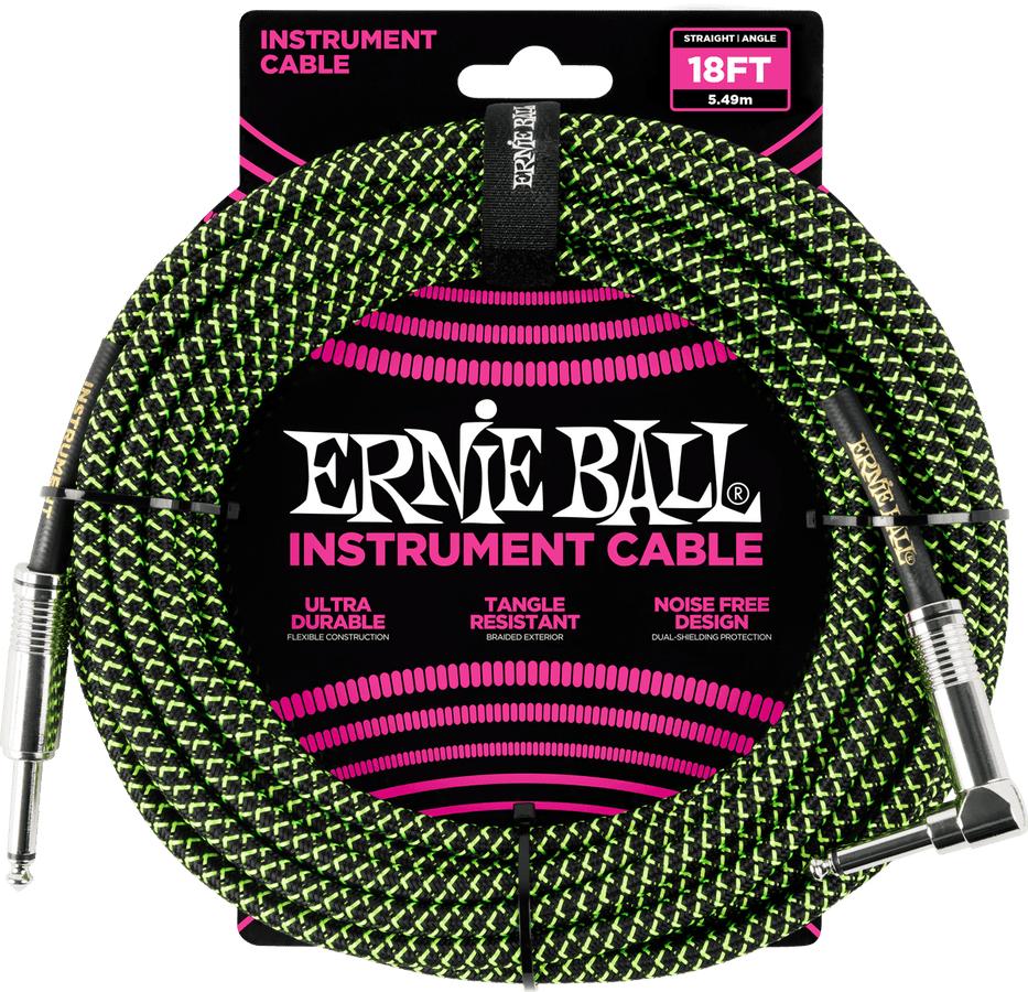 Instrumentenkabel Mit Gewebemantel Jack/jack Abgewinkelt 5,5M Schwarz/Grün