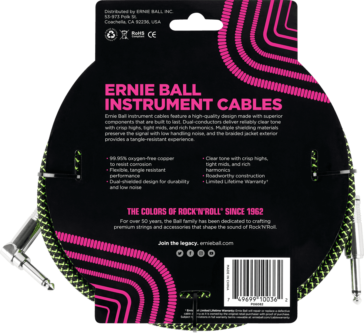 Instrumentenkabel Mit Gewebemantel Jack/jack Abgewinkelt 5,5M Schwarz/Grün