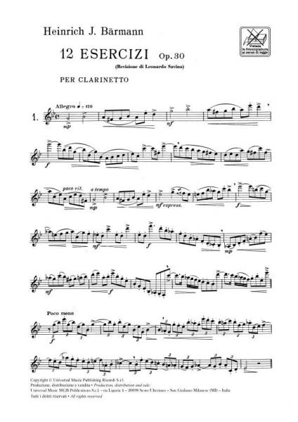 Baermann J.H. - 12 Esercizi Op. 30 - Clarinette