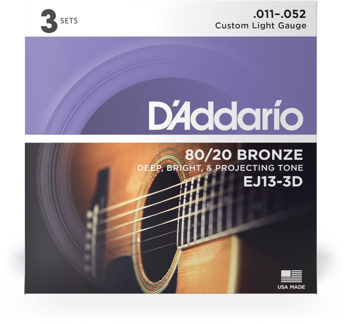 STRINGS FOR ACOUSTIC GUITAR EJ13-3D BRONZE 80/20 CUSTOM LIGHT 11-52 (3 SETS)