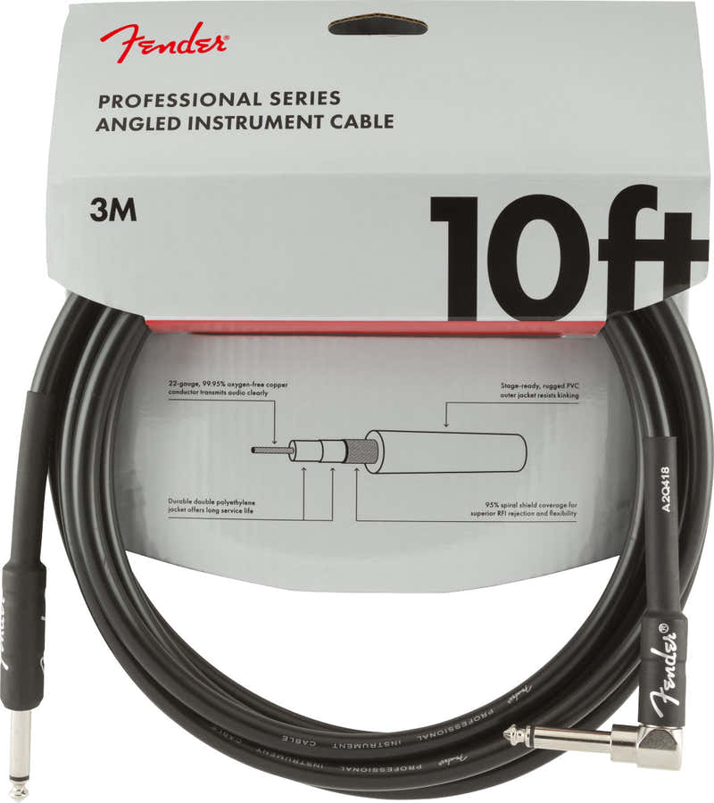 PROFESSIONAL INSTRUMENT CABLE STRAIGHT-ANGLE 10' BLACK