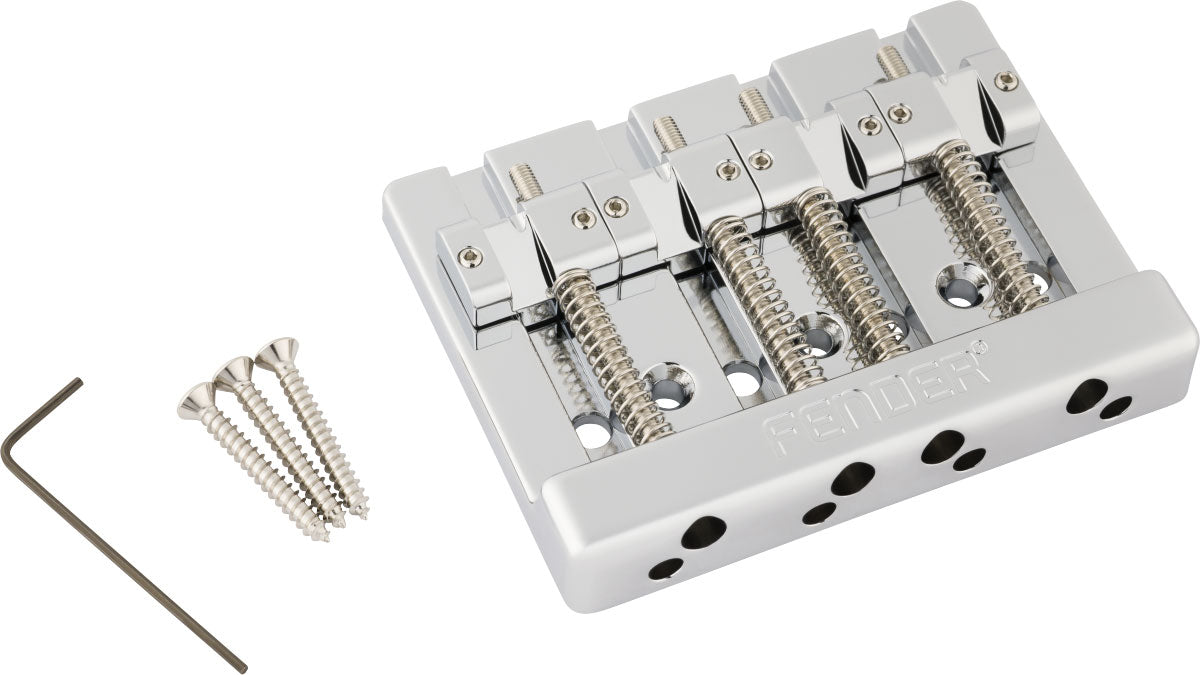 Fender HiMass 4-Saiten-Bassbrücken-Baugruppe mit Saitendurchführung und Messingreitern Chrom