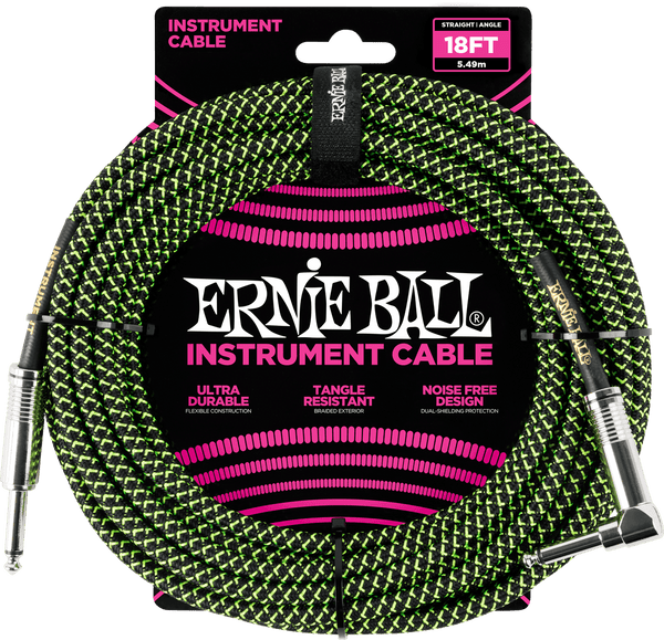 Instrumentenkabel Mit Gewebemantel Jack/jack Abgewinkelt 5,5M Schwarz/Grün