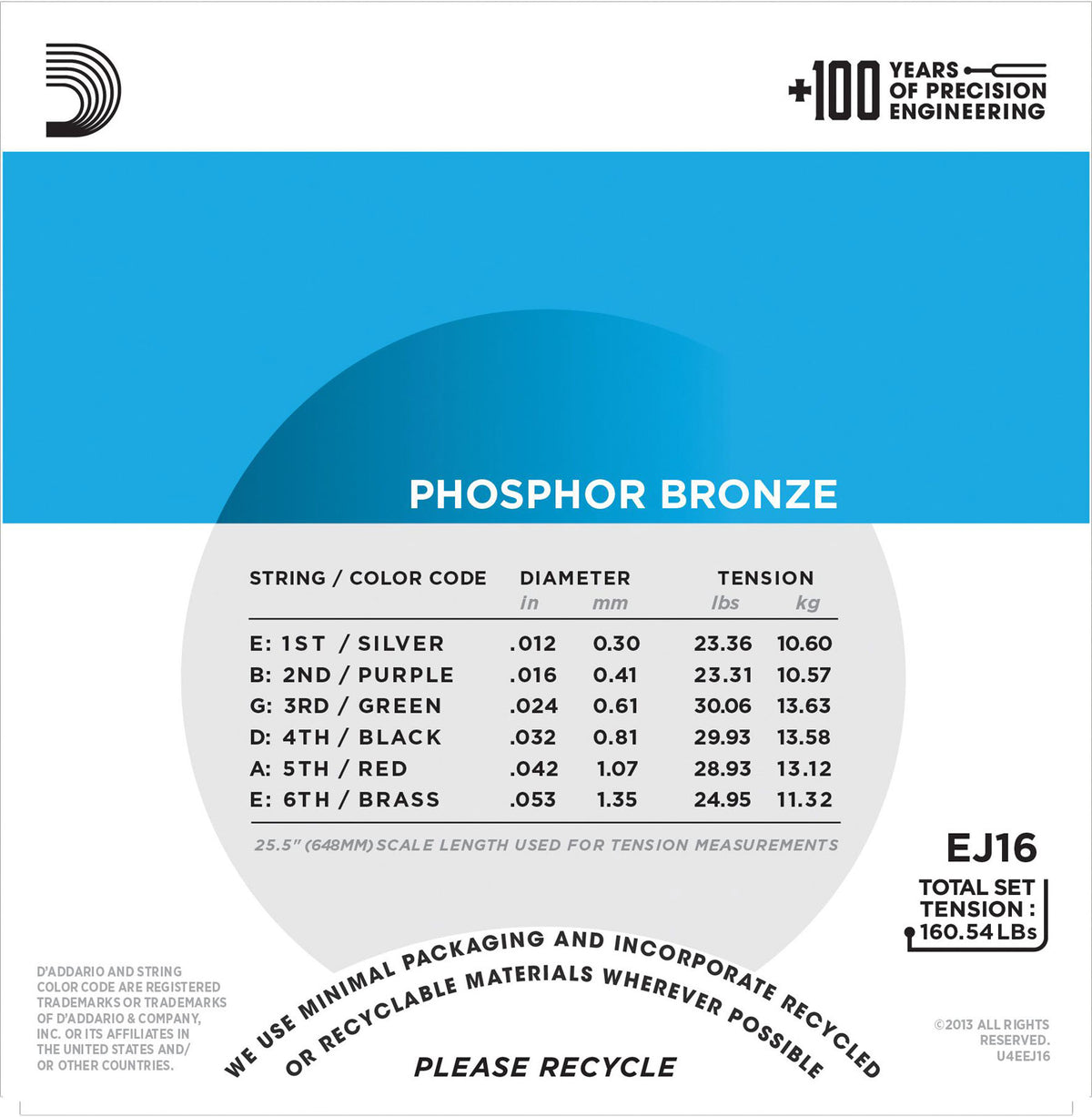 EJ16 PHOSPHOR BRONZE ACOUSTIC GUITAR STRINGS LIGHT 12-53