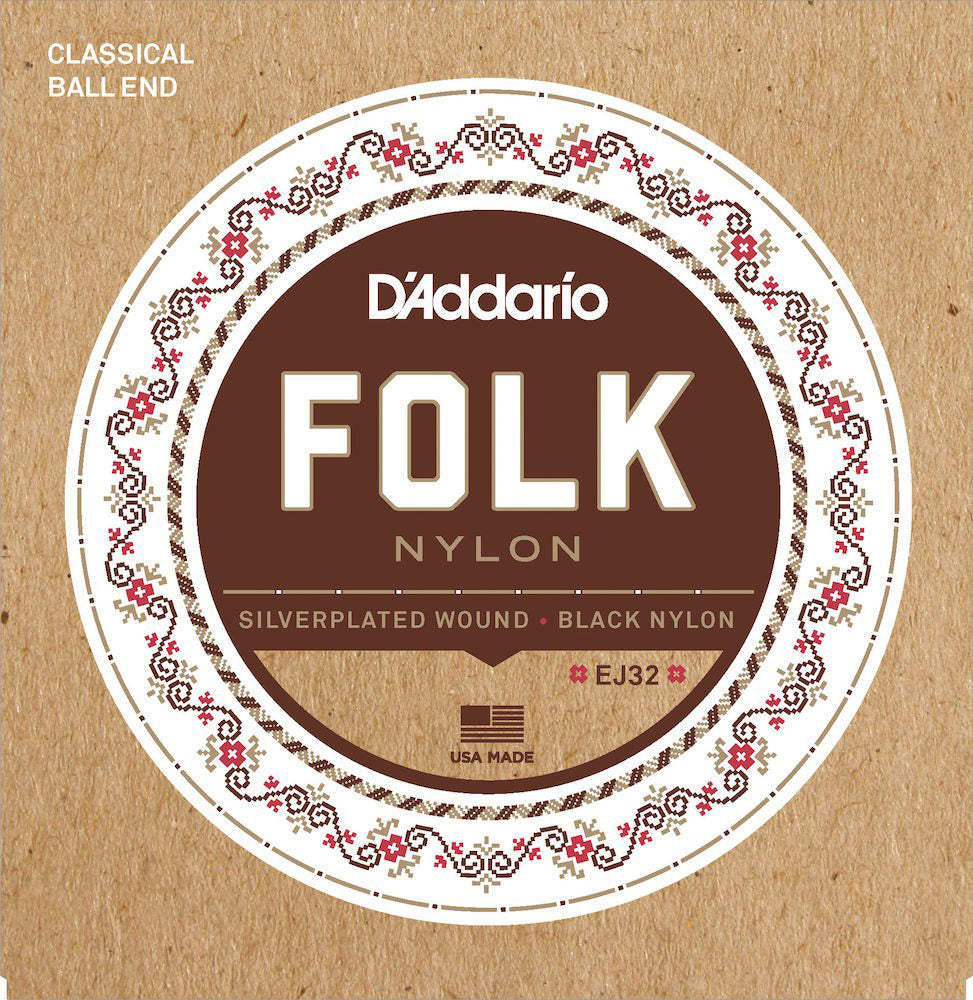 EJ32 FOLK NYLON GUITAR STRINGS BALL END SILVER WOUND/BLACK NYLON TREBLES