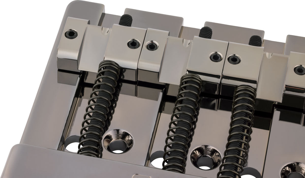Fender HiMass 4-Saiten-Bassbrücken-Baugruppe mit Saitendurchführung und Messingreitern Schwarzchrom