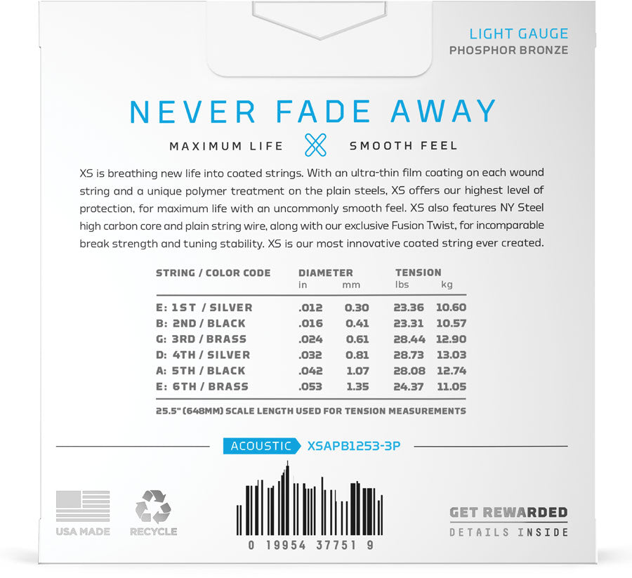 XSAPB1253-3P 12-53 REGULAR LIGHT XS PHOSPHOR BRONZE COATED 3-PACK