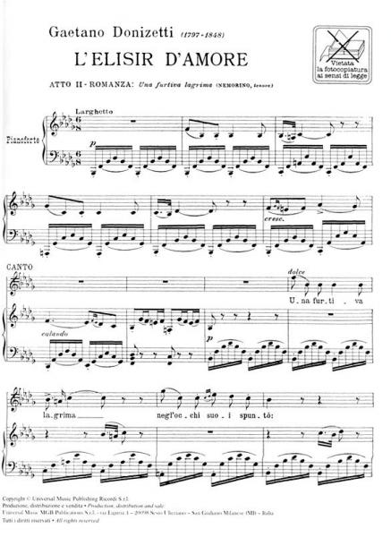 DONIZETTI G. - UNA FURTIVA LAGRIMA - CHANT ET PIANO
