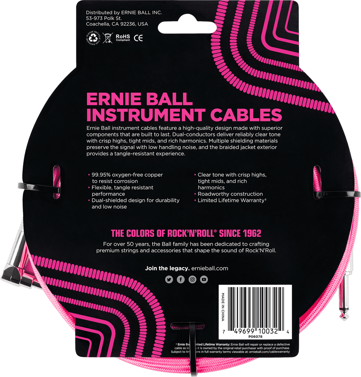 Instrumentenkabel Geflochtener Mantel Jack/jack Gewinkelt 3M Fluoreszierendes Rosa