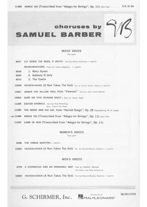 BARBER S. - AGNUS DEI (ADAGIO FOR STRINGS) - CHOEUR SATB