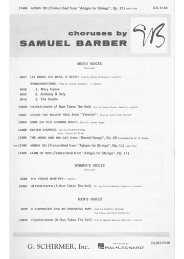 BARBER S. - AGNUS DEI (ADAGIO FOR STRINGS) - CHOEUR SATB