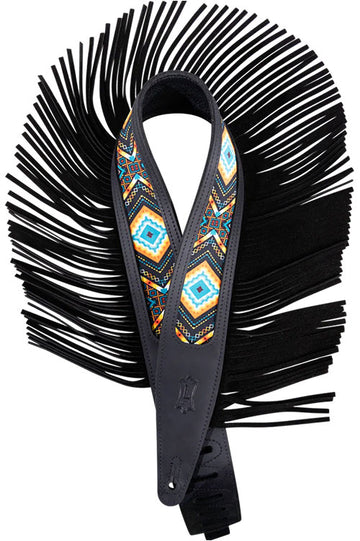 THE OUTLAW - 6,35 CM CRAZY HORSE LEATHER STRAP WITH SUEDE FRINGE AND WESTERN PATERN - BLACK