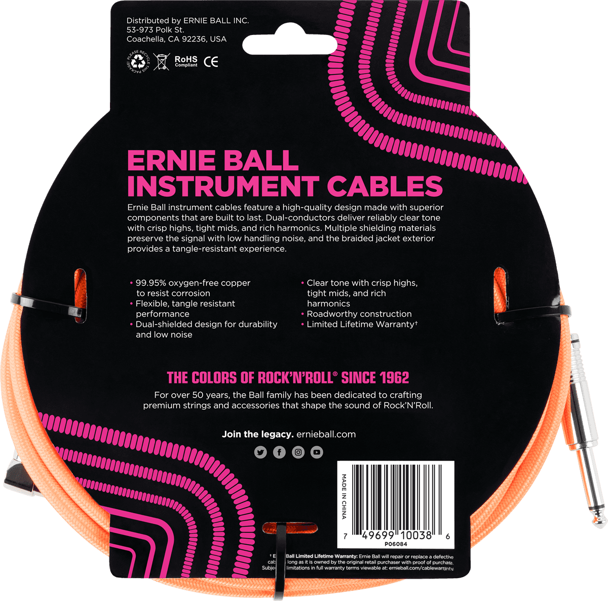 Instrumentenkabel Mit Gewebemantel Jack/jack Abgewinkelt 5,5M Orange