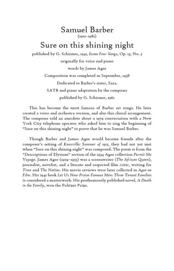 Barber Samuel - Sure On The Shining Night Op.13 N°3 - SATB & Klavier