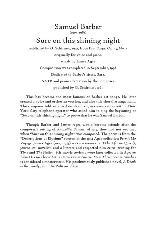 Barber Samuel - Sure On The Shining Night Op.13 N°3 - SATB & Klavier
