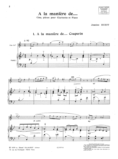 Rueff Jeanine - A La Maniere De - Clarinette Piano