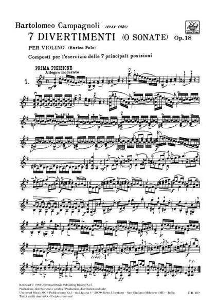 CAMPAGNOLI B. - 7 DIVERTIMENTI O SONATE OP.18 - VIOLON