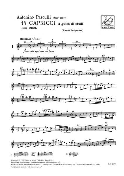 PASCULLI A. - 15 CAPRICCI PER OBOE A GUISA DI STUDI - HAUTBOIS ET PIANO